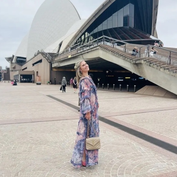 New!Misa Los Angeles Persephone Ruffle Maxi Dress Abstract Floral 🩵Medium NWT! - Picture 8 of 16